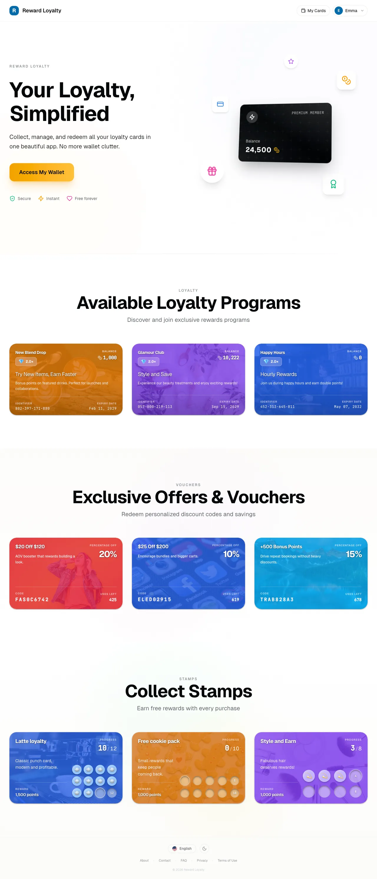 Reward Loyalty — Customer loyalty hub with cards, vouchers, and stamp collections