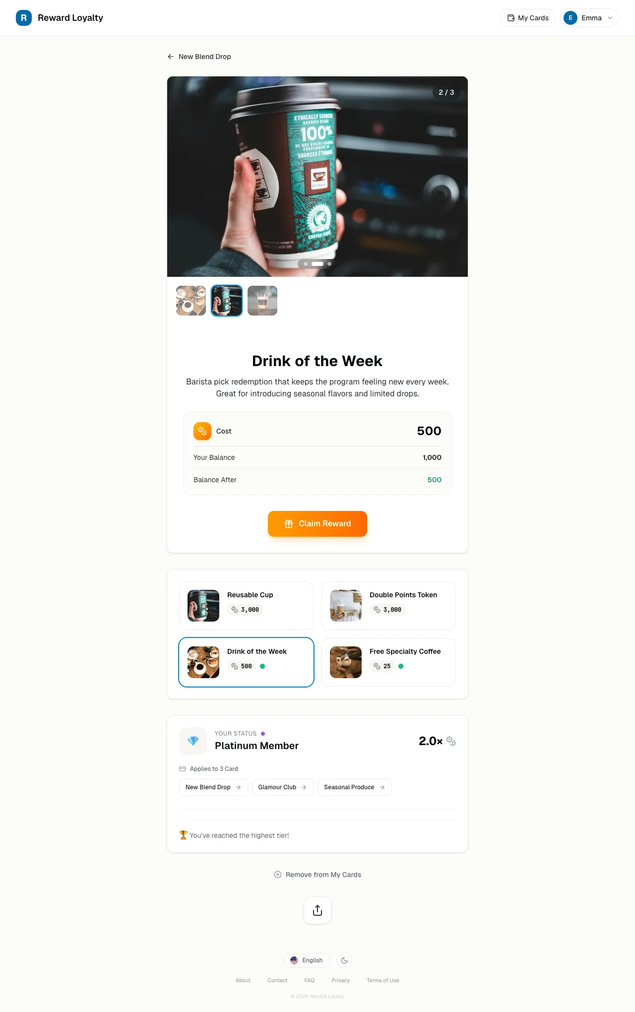 Loyalty card showing points balance, reward catalog, and tier status