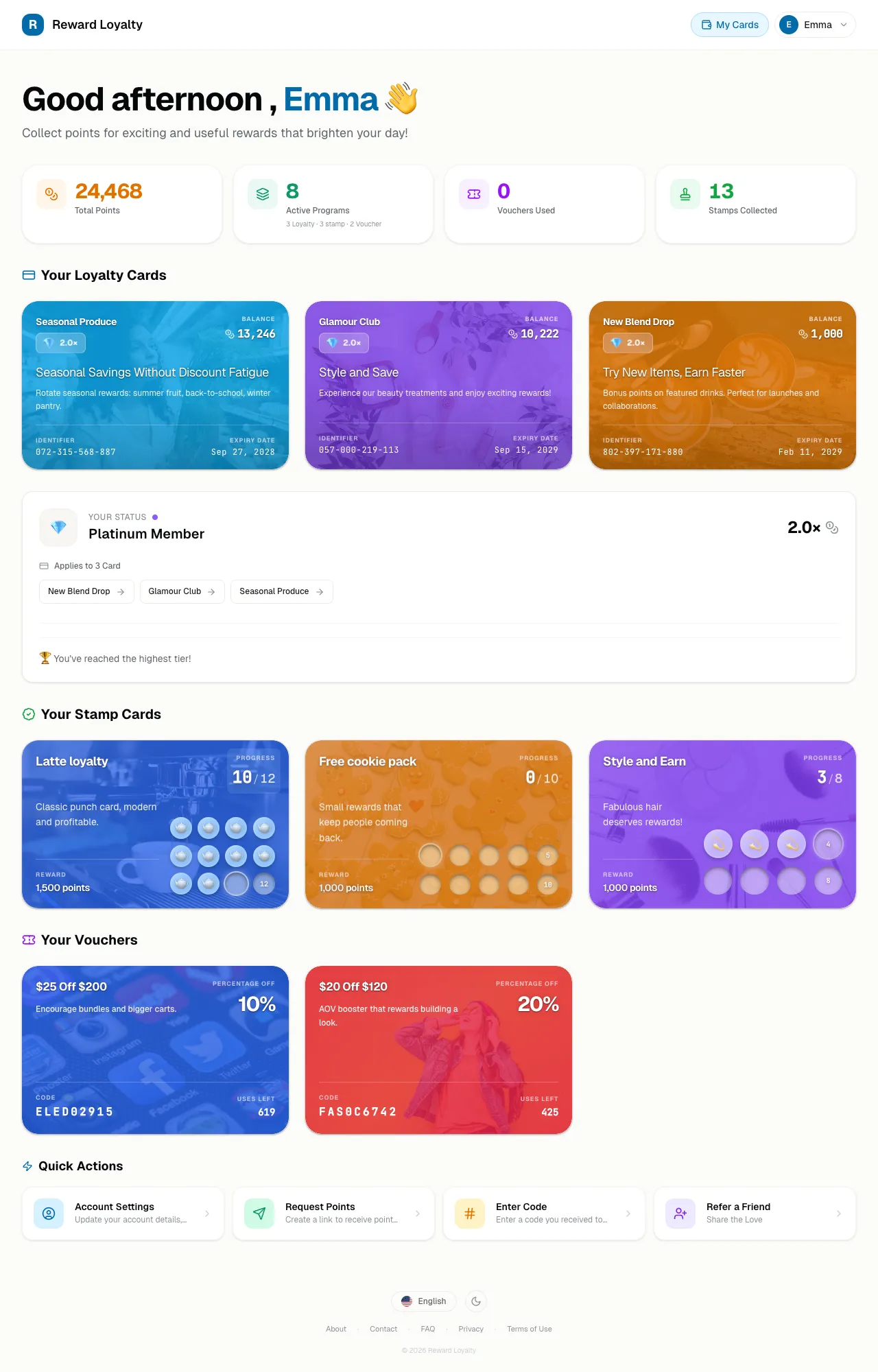 Reward Loyalty — Full member dashboard with loyalty cards, stamps, vouchers, and tier status