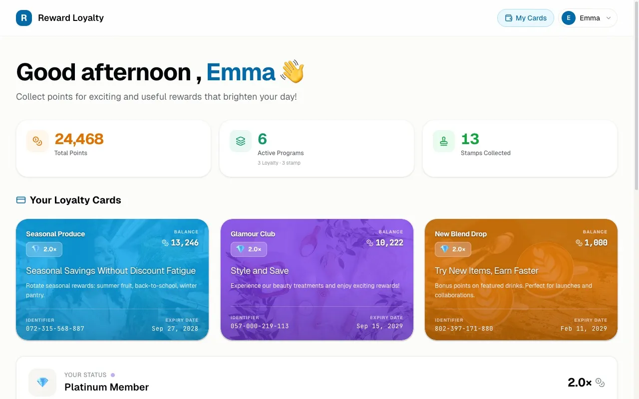 Customer wallet showing loyalty cards from multiple businesses