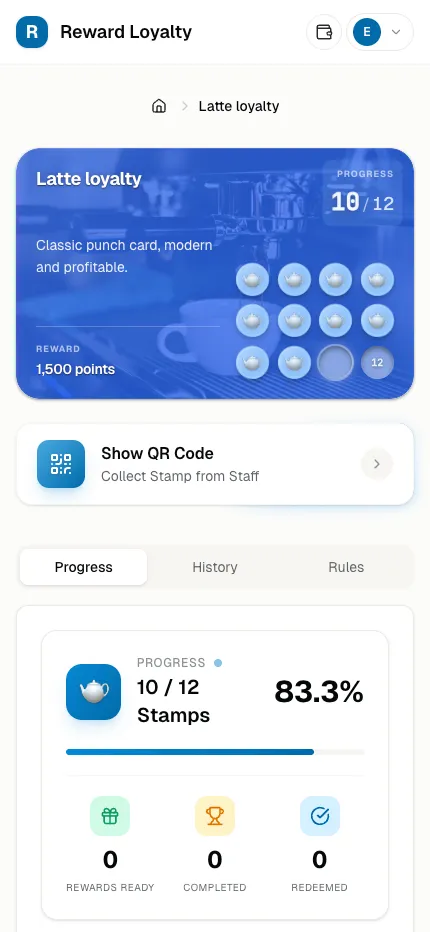 Reward Loyalty mobile — Digital stamp card with progress tracking