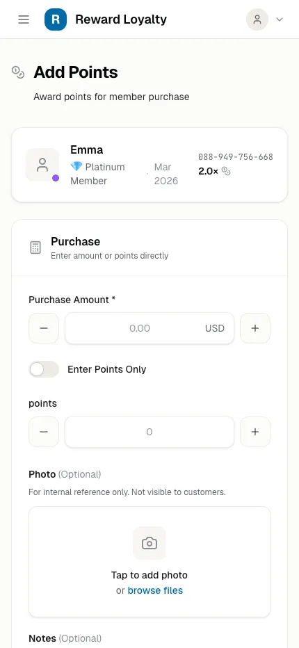 Staff mobile — Add Points to a customer purchase