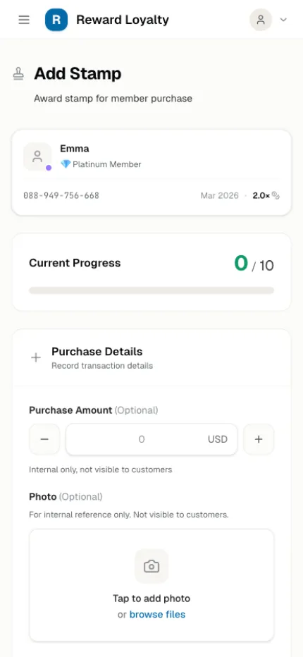Staff mobile — Add Stamp for member purchase