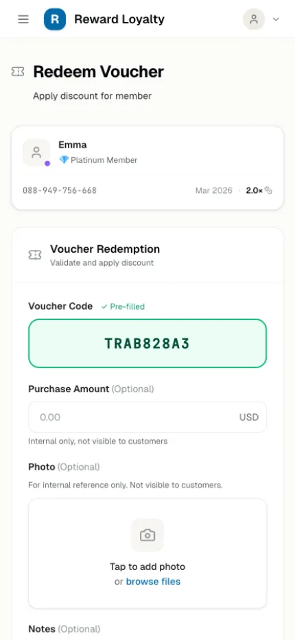 Staff mobile — Redeem Voucher for discount