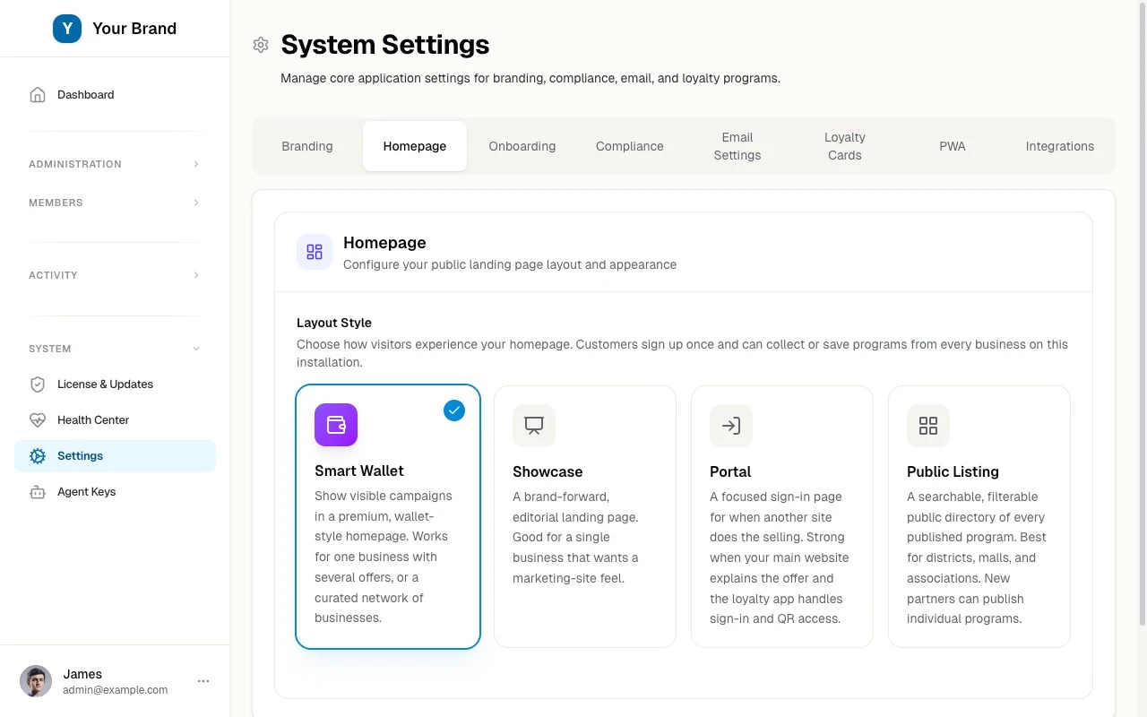 Settings for the logo, homepage, license, email, and payments