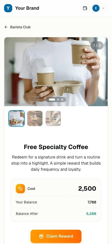 The same customer wallet on a phone, with points and active cards