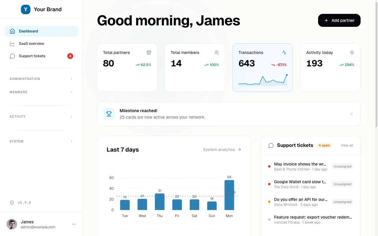 Admin panel preview with the owner dashboard of businesses, members, and activity