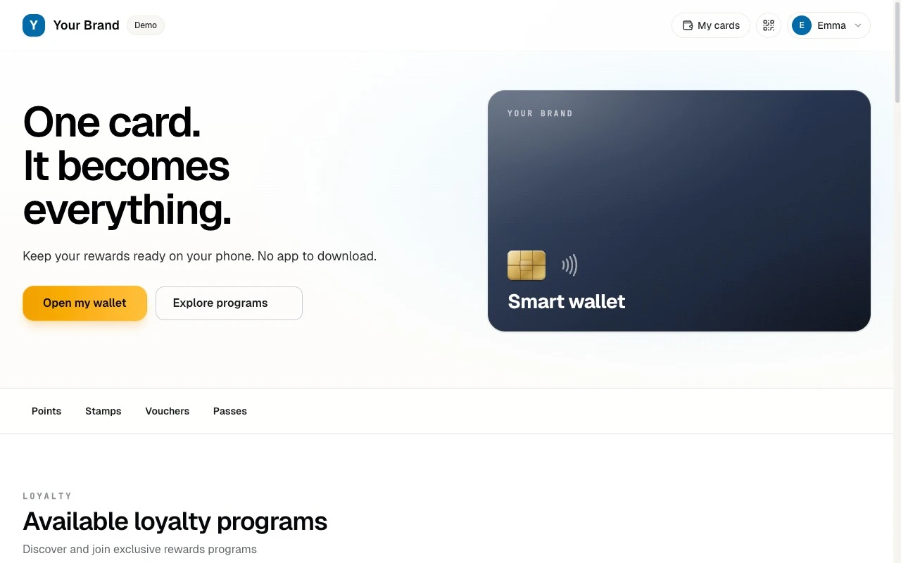 Customer wallet desktop preview with loyalty cards and points balance