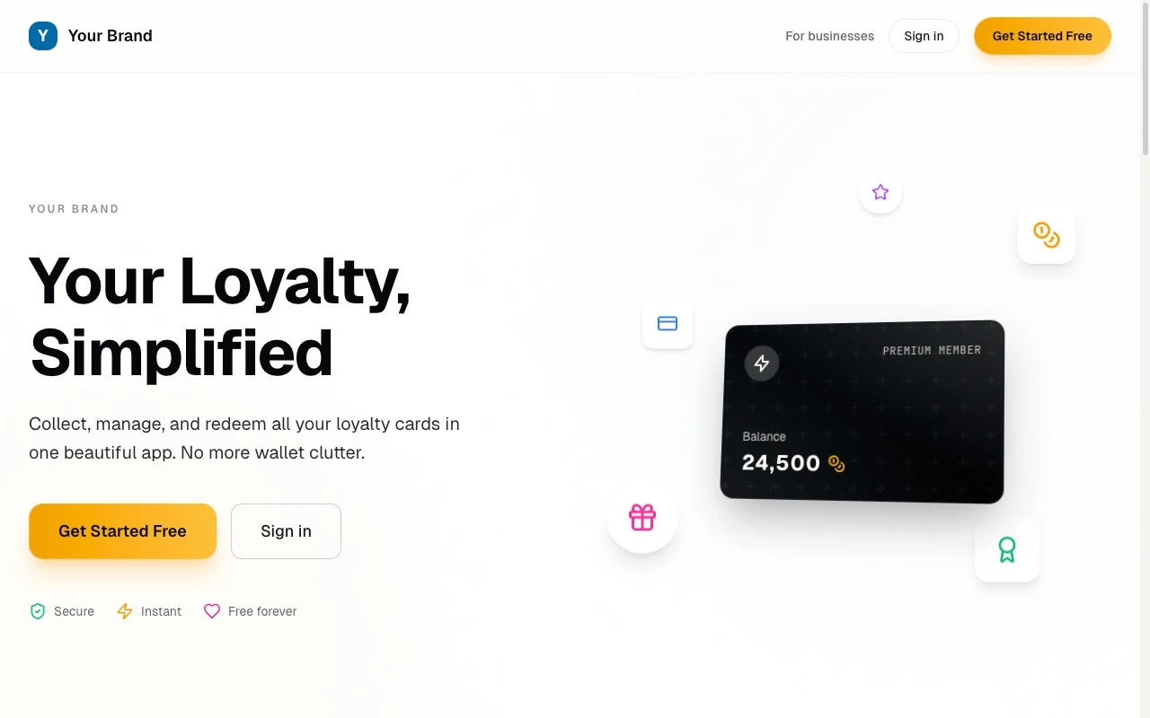 Customer wallet desktop preview with loyalty cards and points balance