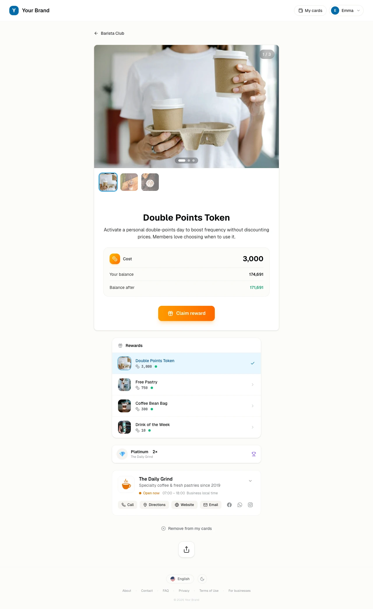 Full loyalty card page showing points balance, reward catalog, and tier status