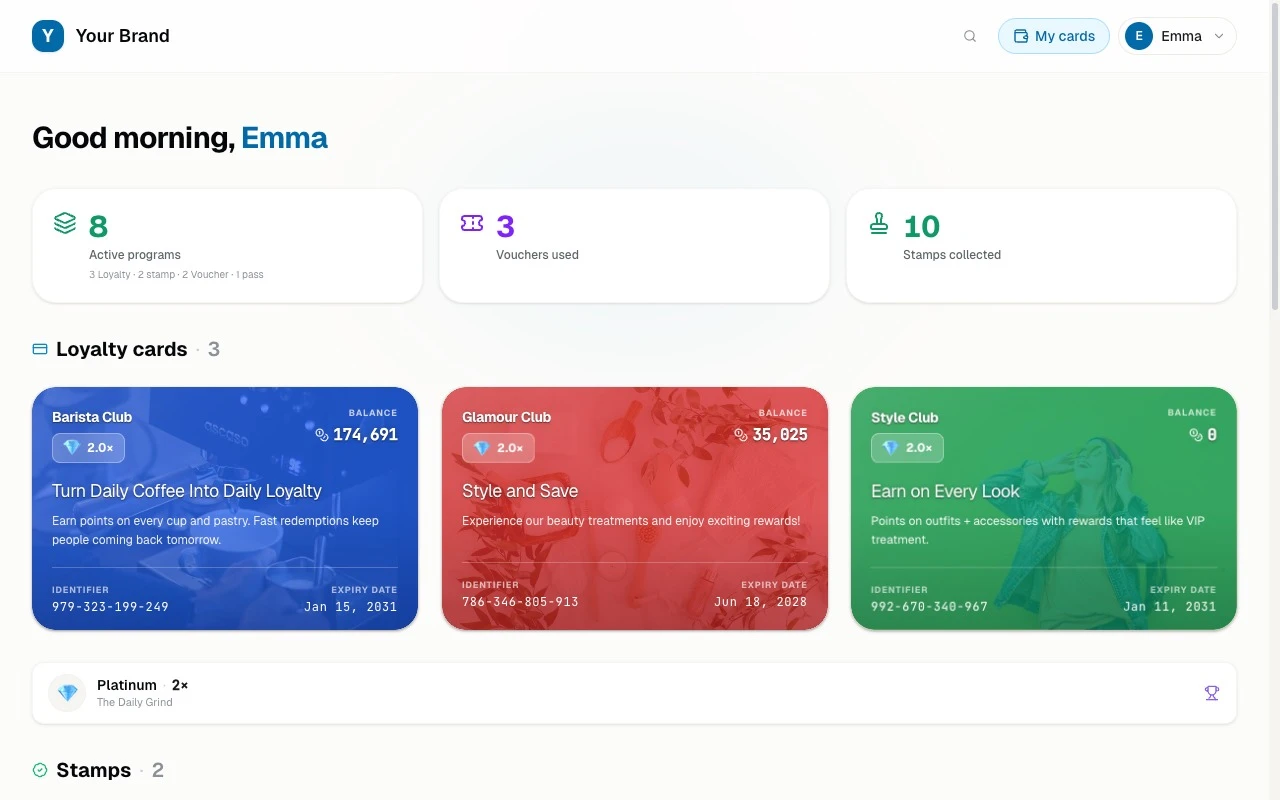 A customer wallet with every card in one place, plus points and stamps