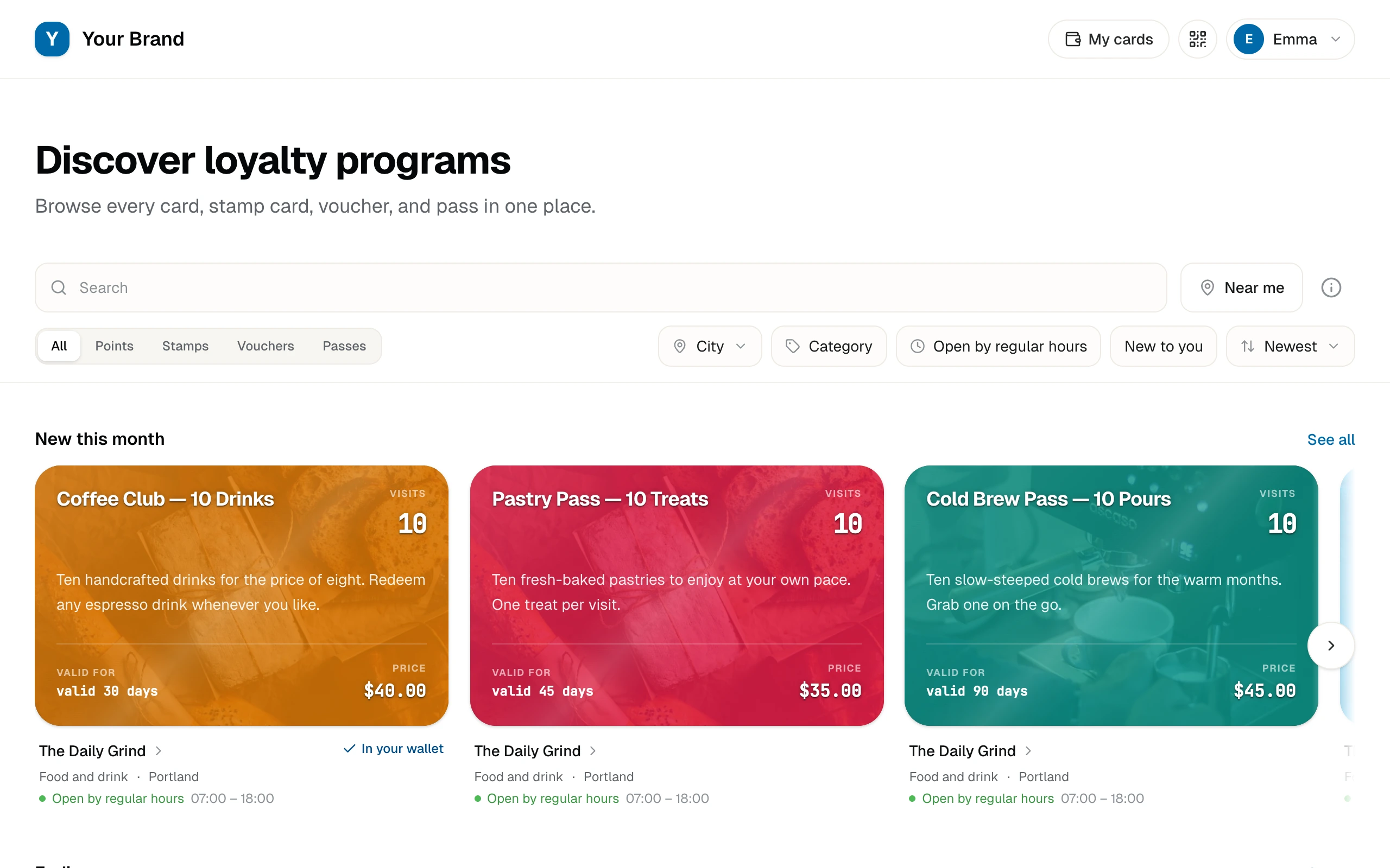 The Public Listing homepage: a searchable page of loyalty cards, stamp cards, vouchers, and passes with a discovery bar and a New this month row