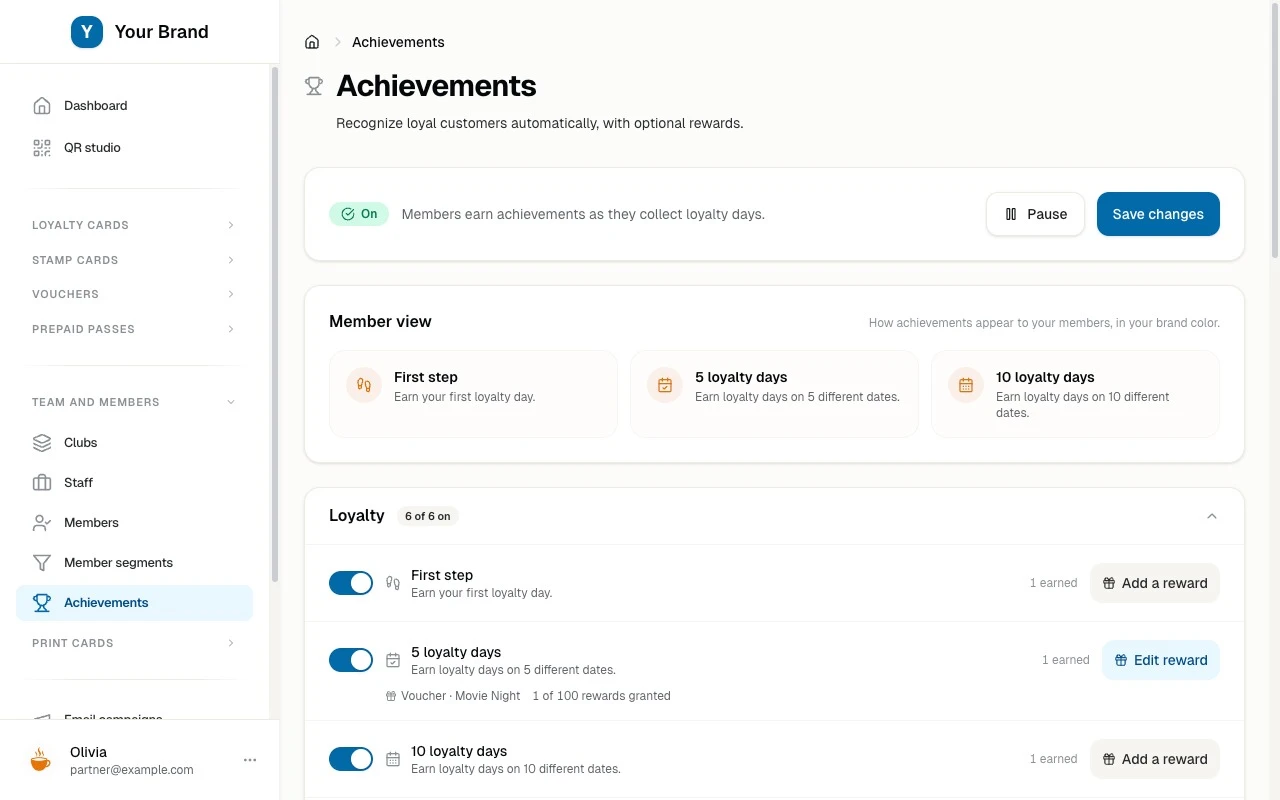 The achievements setup: a business switching on loyalty milestones and their optional rewards