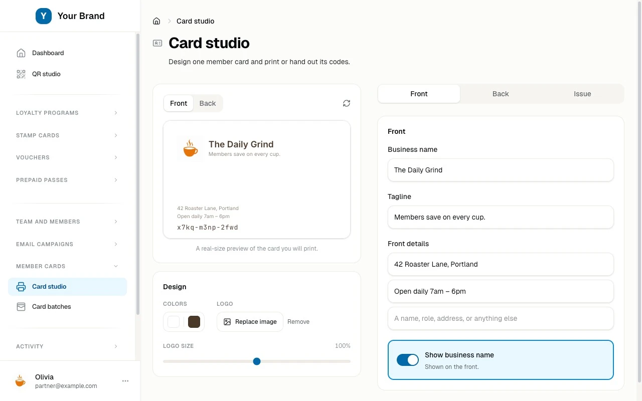 The Card studio designing a branded member card on a live front-and-back preview