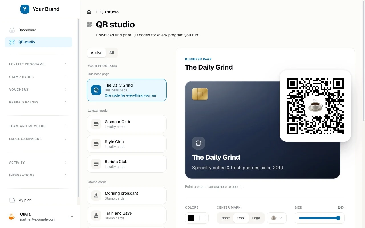 The QR studio, for designing the branded code customers scan to join