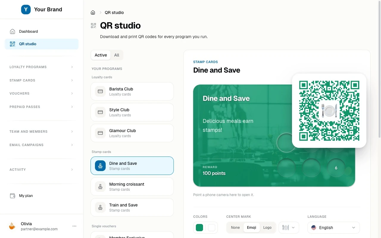 QR studio showing a program's card beside the branded QR code it produces, ready to colour, mark, and download