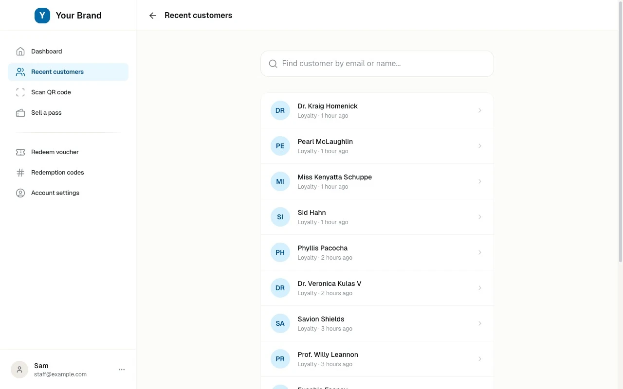 Staff interface desktop preview — show all recent customers the staff interacted with