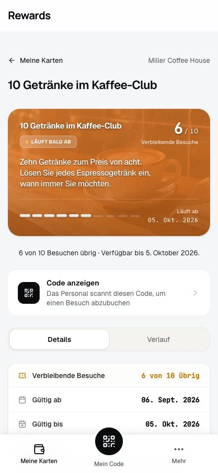 Eine Mehrfachkarte mit den verbleibenden Besuchen, im Voraus verkauft