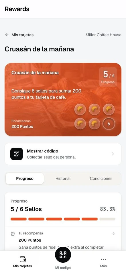 La tarjeta de sellos de un miembro muestra su progreso hacia la recompensa.