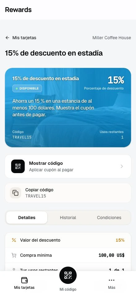Un cupón con su código de un solo uso y los usos que le quedan