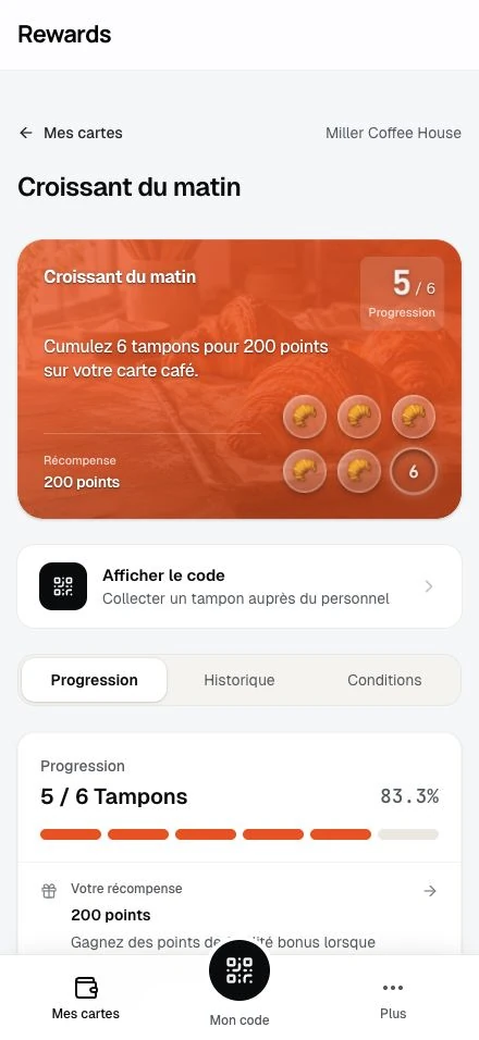La carte à tampons d'un membre indique sa progression vers la récompense.