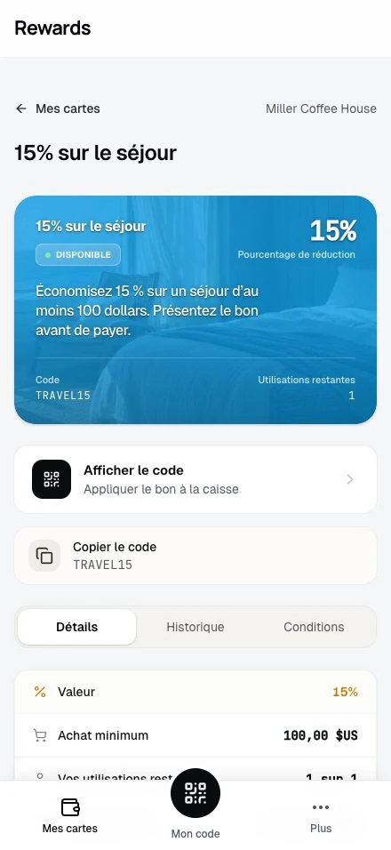 Un bon avec son code à usage unique et les utilisations restantes