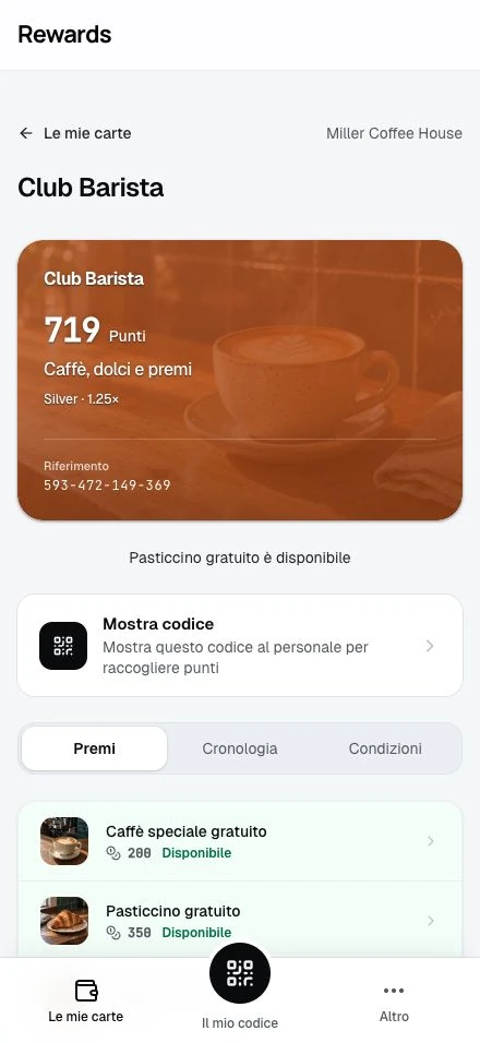 Una carta punti con il saldo e il catalogo dei premi