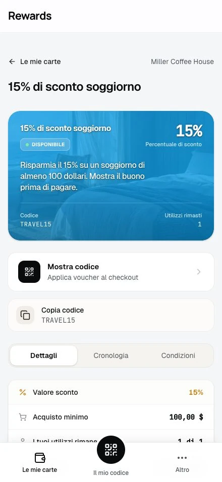 Un voucher con il codice monouso e gli utilizzi rimasti