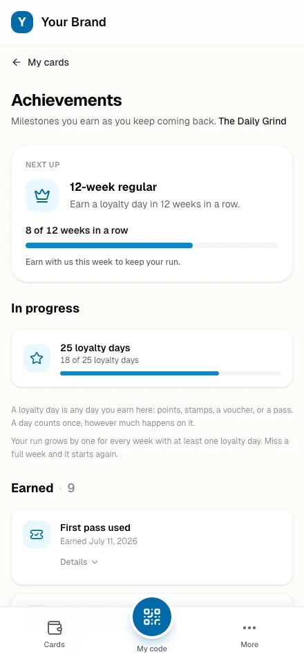 A member's achievements in the wallet: milestone progress with a celebration when one lands