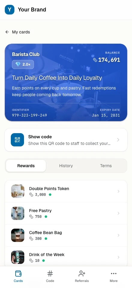 A loyalty card with its points balance and reward catalog