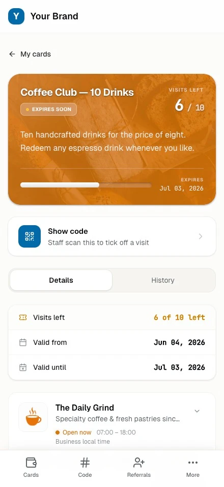 Prepaid pass in the member wallet with remaining visits, ready for Google Wallet