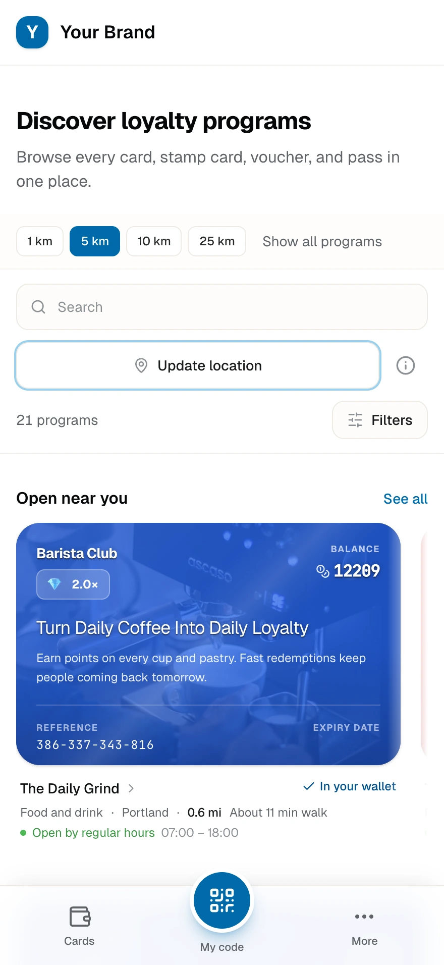 Near me on a phone: distances, walking estimates, radius controls, and the result count