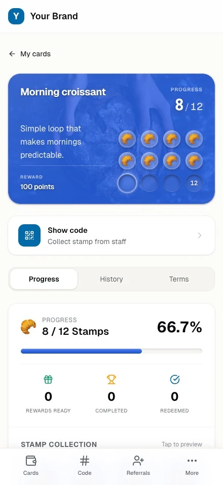 A member stamp card mid-progress: eight of twelve stamps collected