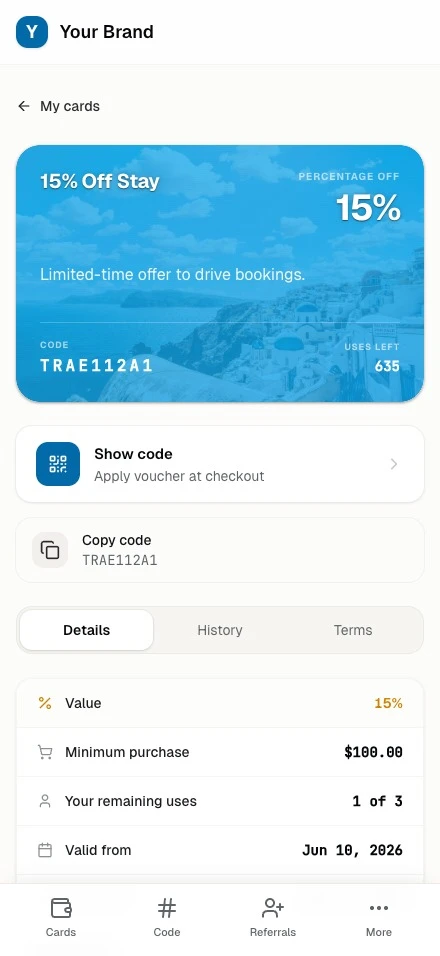 Voucher in the member wallet with its redeemable code and remaining uses