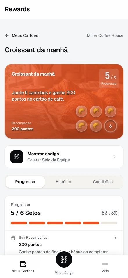 O cartão de carimbos de um membro mostra o progresso até a recompensa.