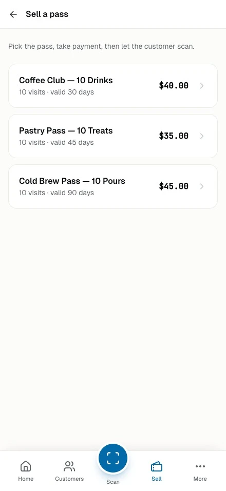 Staff phone selling a prepaid pass: pick the pass, take payment, let the customer scan