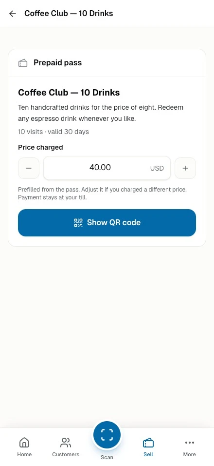 A staff phone selling a prepaid pass and taking payment