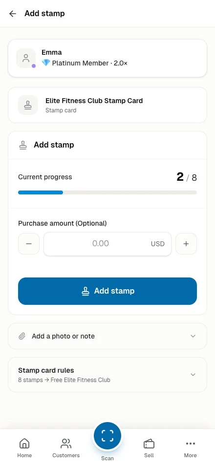 Staff phone adding a stamp, with the card's progress toward the next reward