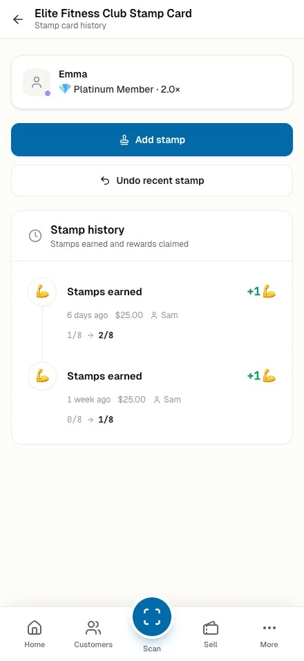 Staff view of a stamp card's history, each stamp earned with its amount and staff member