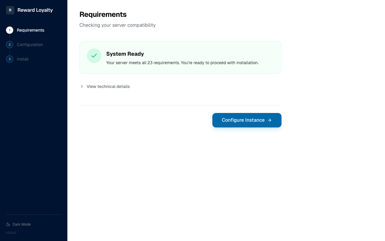 Step 1: Requirements check showing system ready status