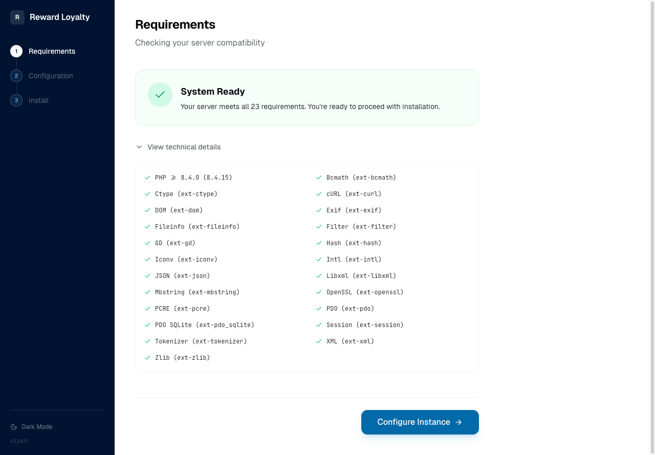 Step 1: Expanded view showing all PHP requirements
