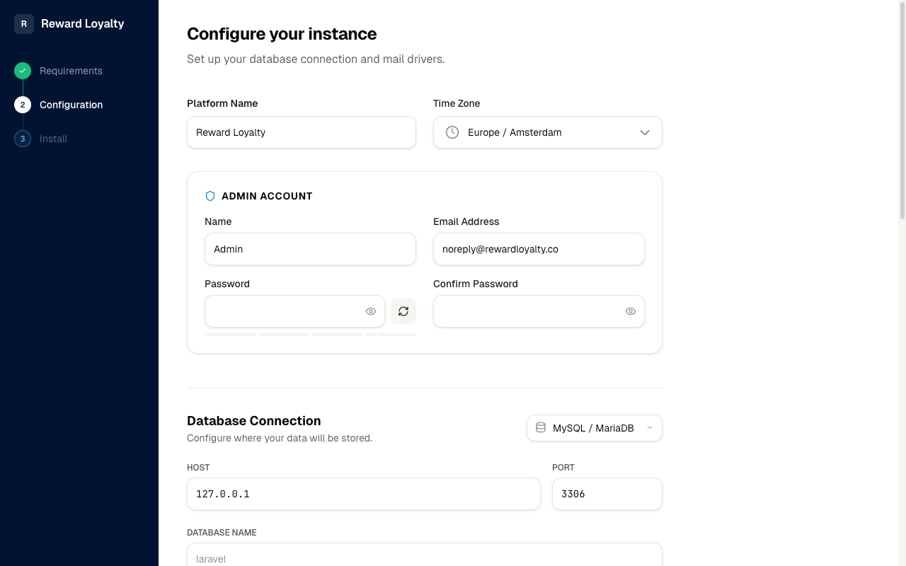 Step 2: Configuration form with platform settings, admin account, and database connection