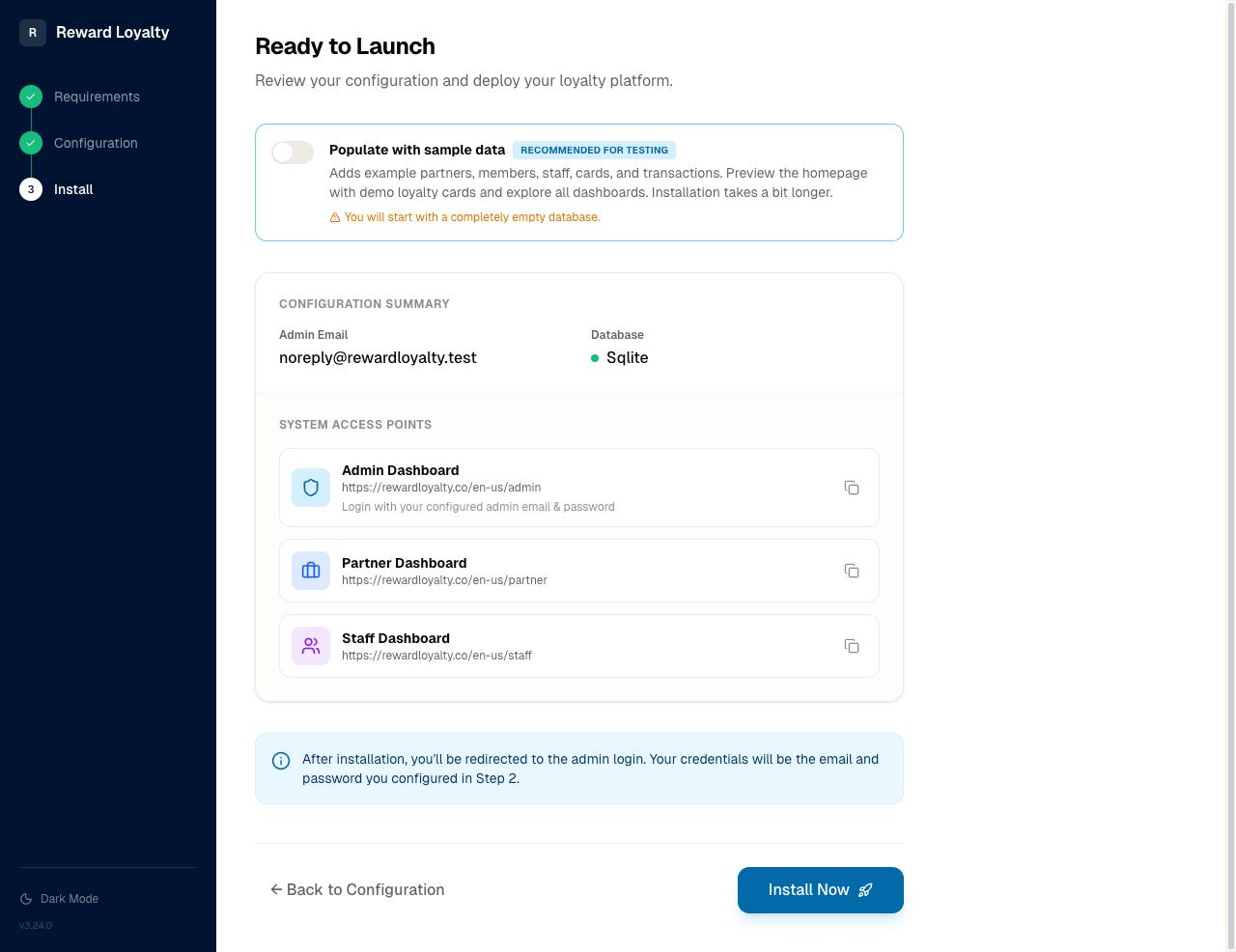 Step 3: Ready to Launch showing configuration summary and demo data toggle (off)