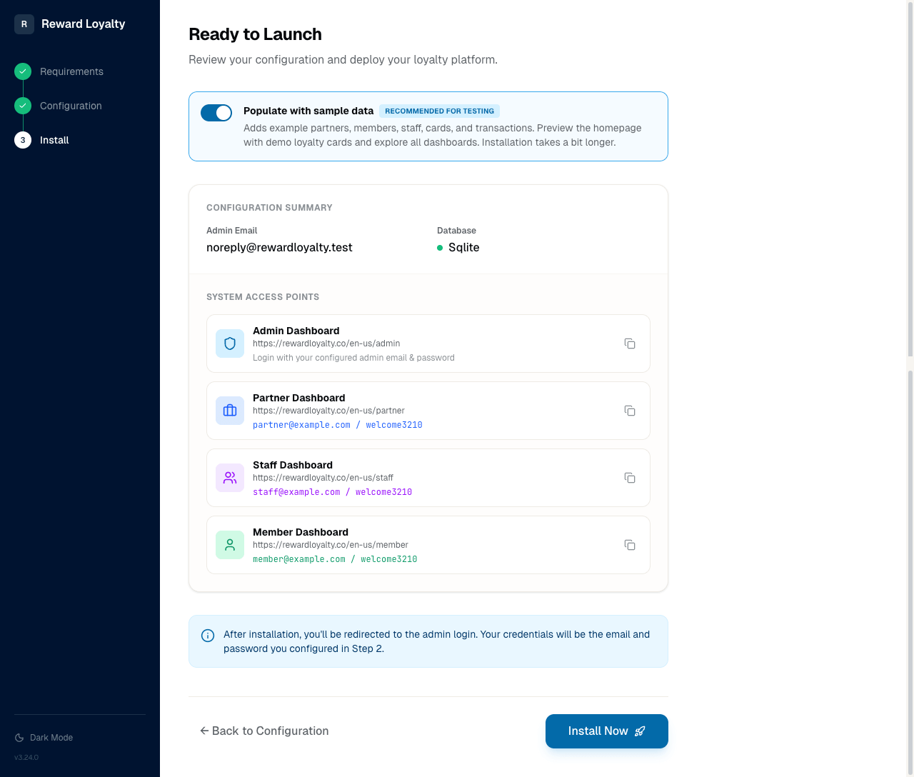 Step 3: Demo data toggle enabled, showing credentials for demo accounts