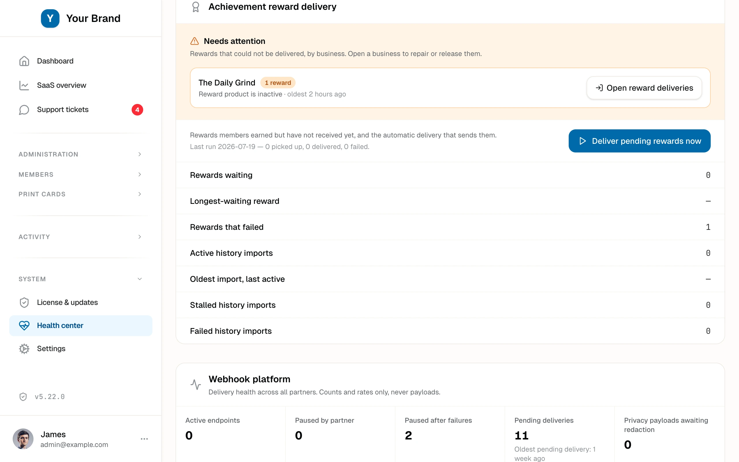 The Health center Achievement reward delivery panel: the Needs attention list naming each affected business with the failure reason and an Open reward deliveries button, followed by rewards waiting, longest-waiting reward, rewards that failed, active history imports and their last-active time, and the Deliver pending rewards now button.
