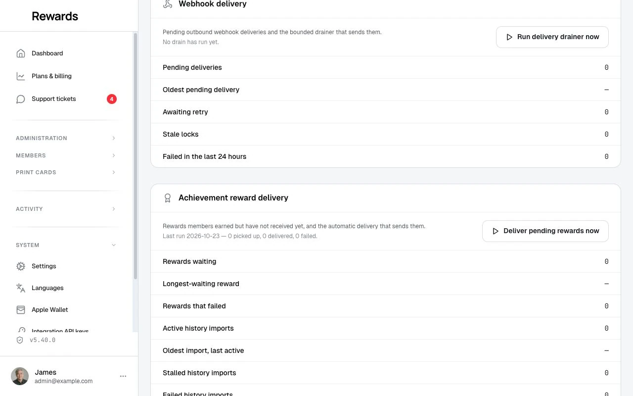The Health center Achievement reward delivery panel: the Needs attention list naming each affected business with the failure reason and an Open reward deliveries button, followed by rewards waiting, longest-waiting reward, rewards that failed, active history imports and their last-active time, and the Deliver pending rewards now button.