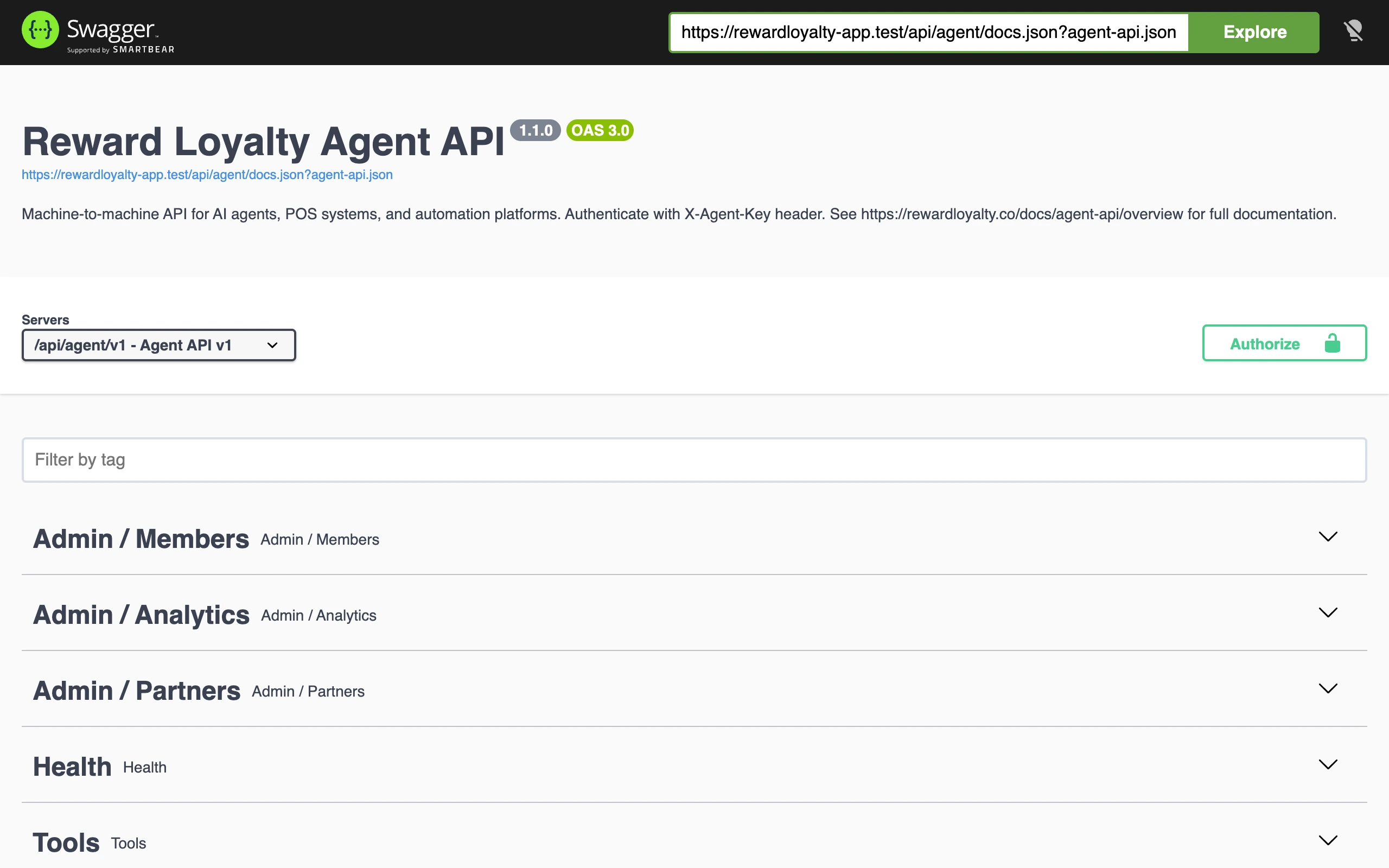 Interactive Agent API reference with endpoint groups for partner, member, and admin keys.