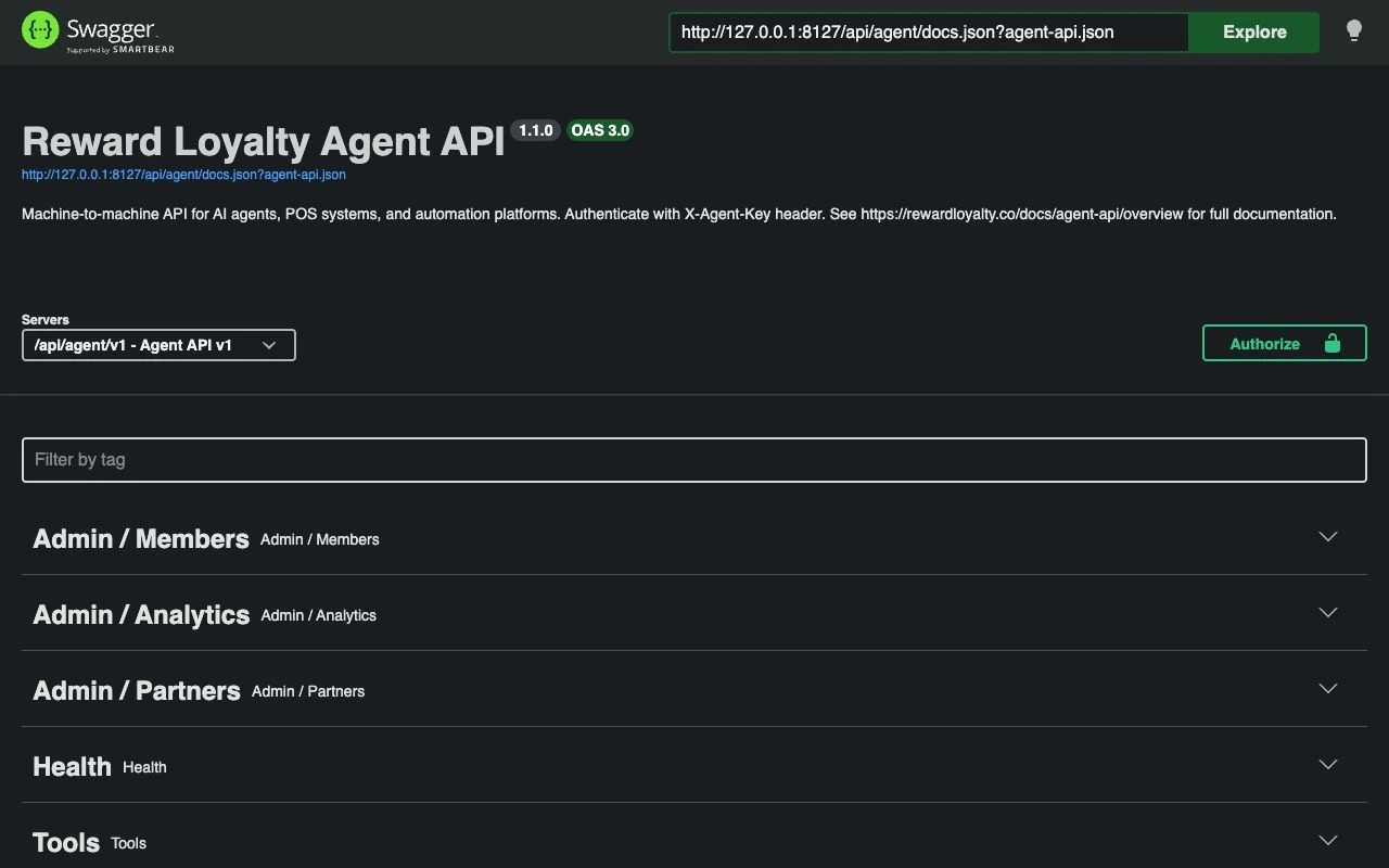 The Agent API Swagger page with its title and first endpoint groups.