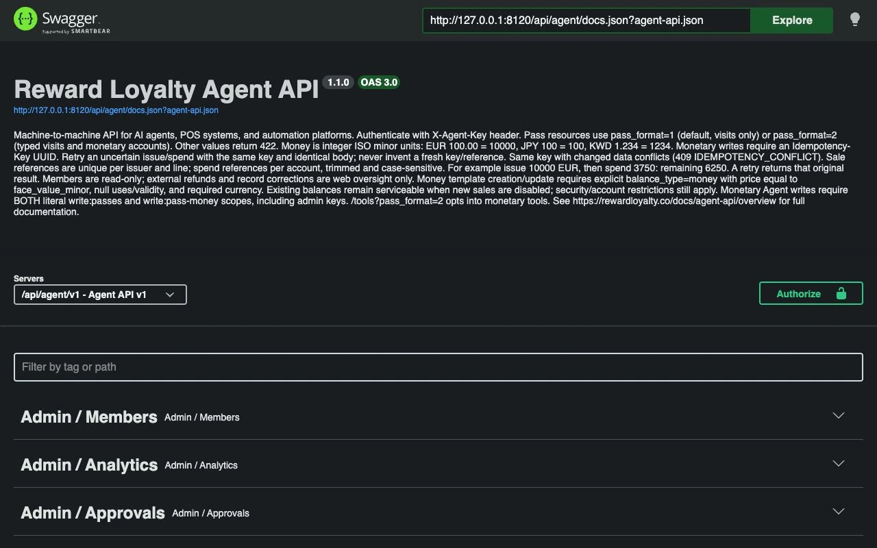 The Agent API Swagger page with its title and first endpoint groups.