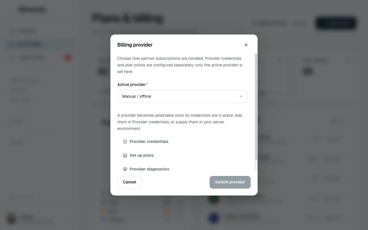 The Billing provider dialog with the provider selector and links to credentials, plans, and diagnostics.